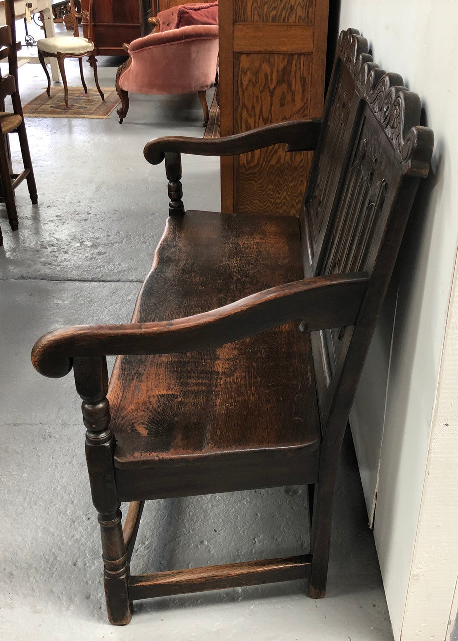 French 19th Century Oak hallway bench seat. Very comfortable to sit on and is in good original detailed condition.