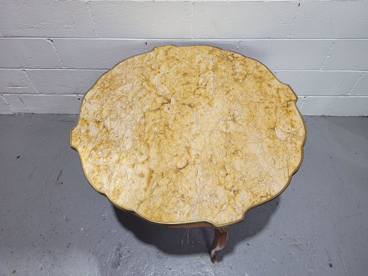 Louis XV style parquetry inlaid coffee table with shaped marble top and ormolu decoration. In good original detailed condition.