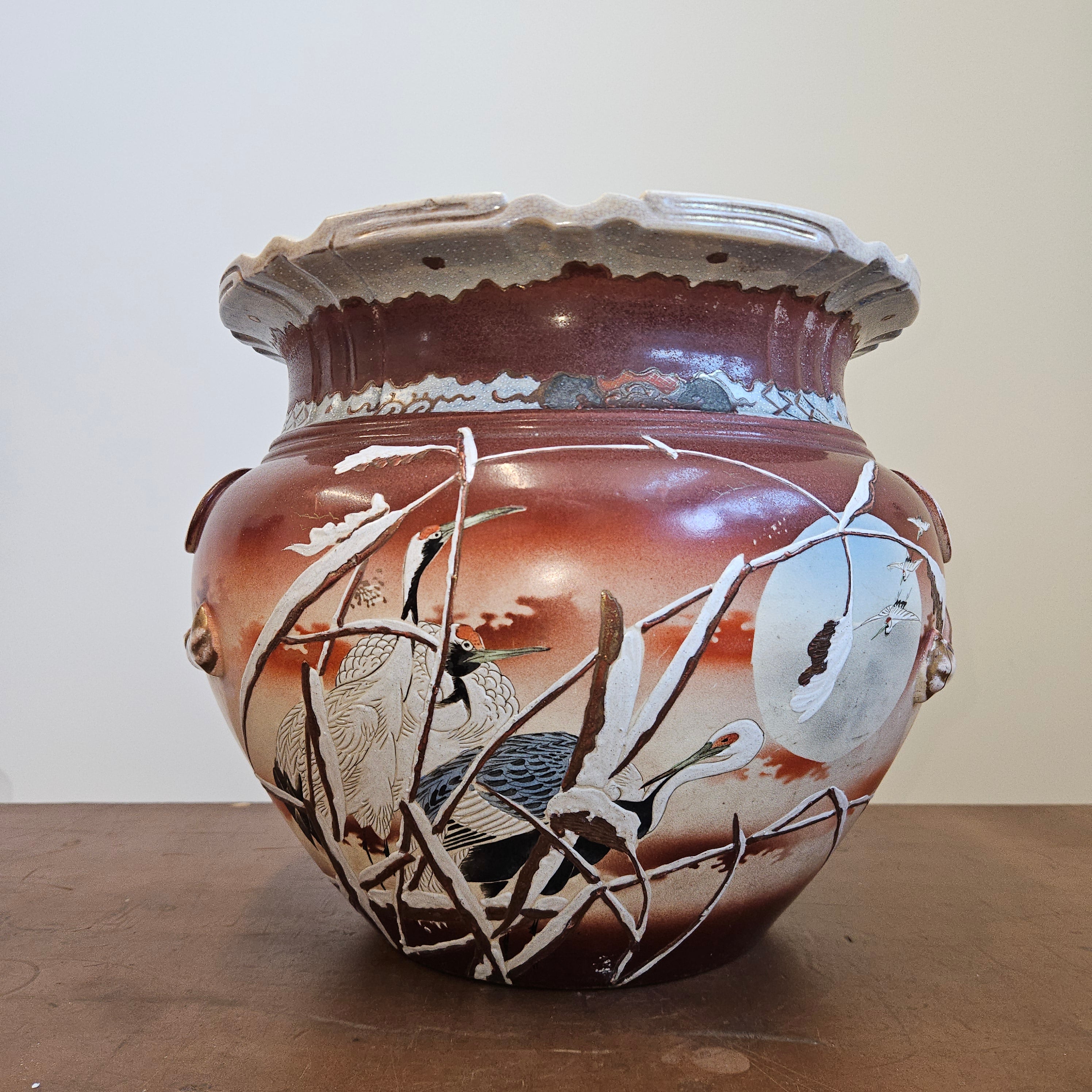 Antique Japanese Satsuma Jardinière with Cranes