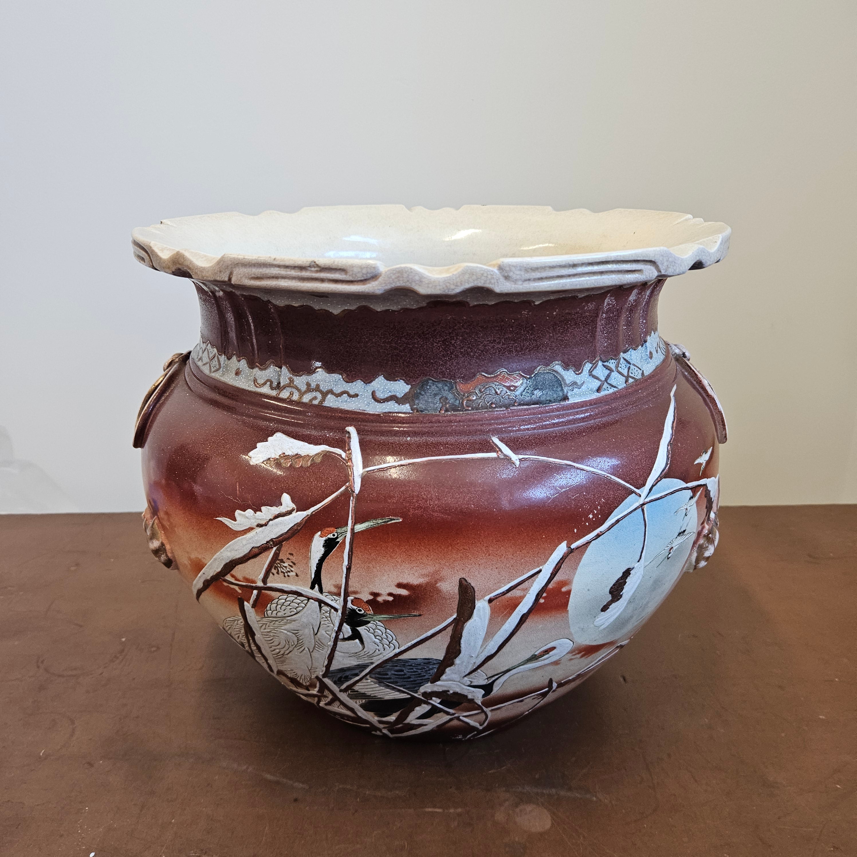Antique Japanese Satsuma Jardinière with Cranes