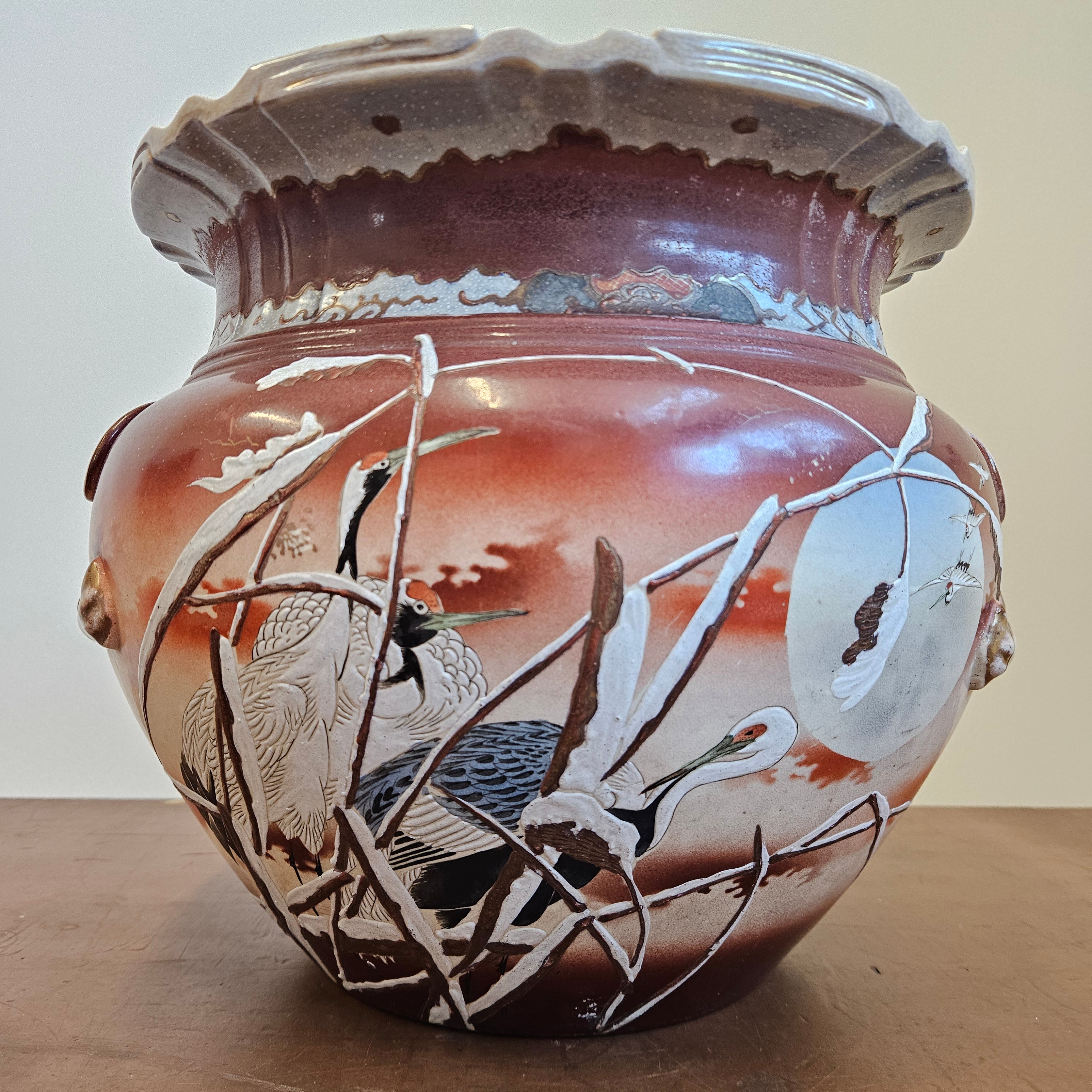 Antique Japanese Satsuma Jardinière with Cranes