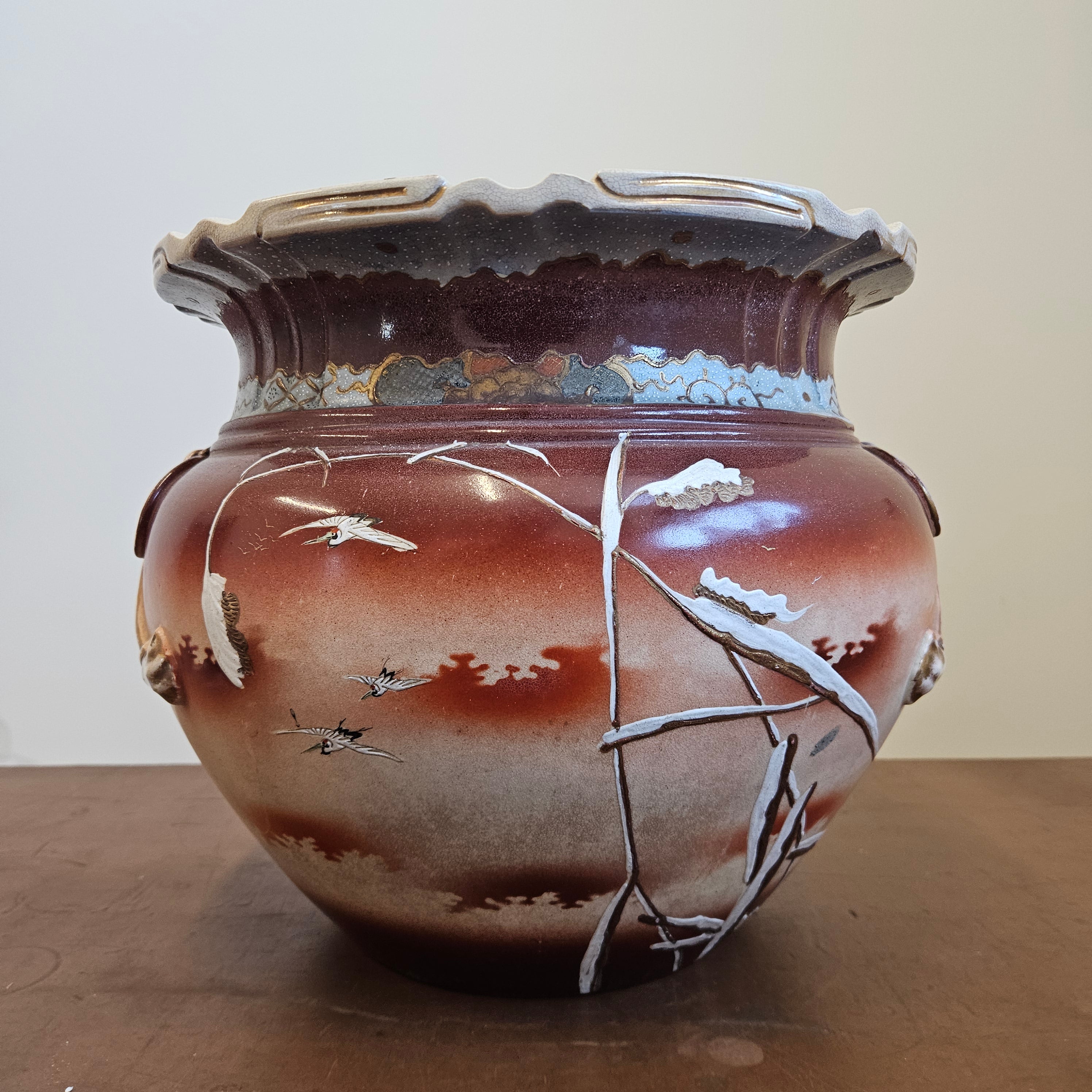 Antique Japanese Satsuma Jardinière with Cranes