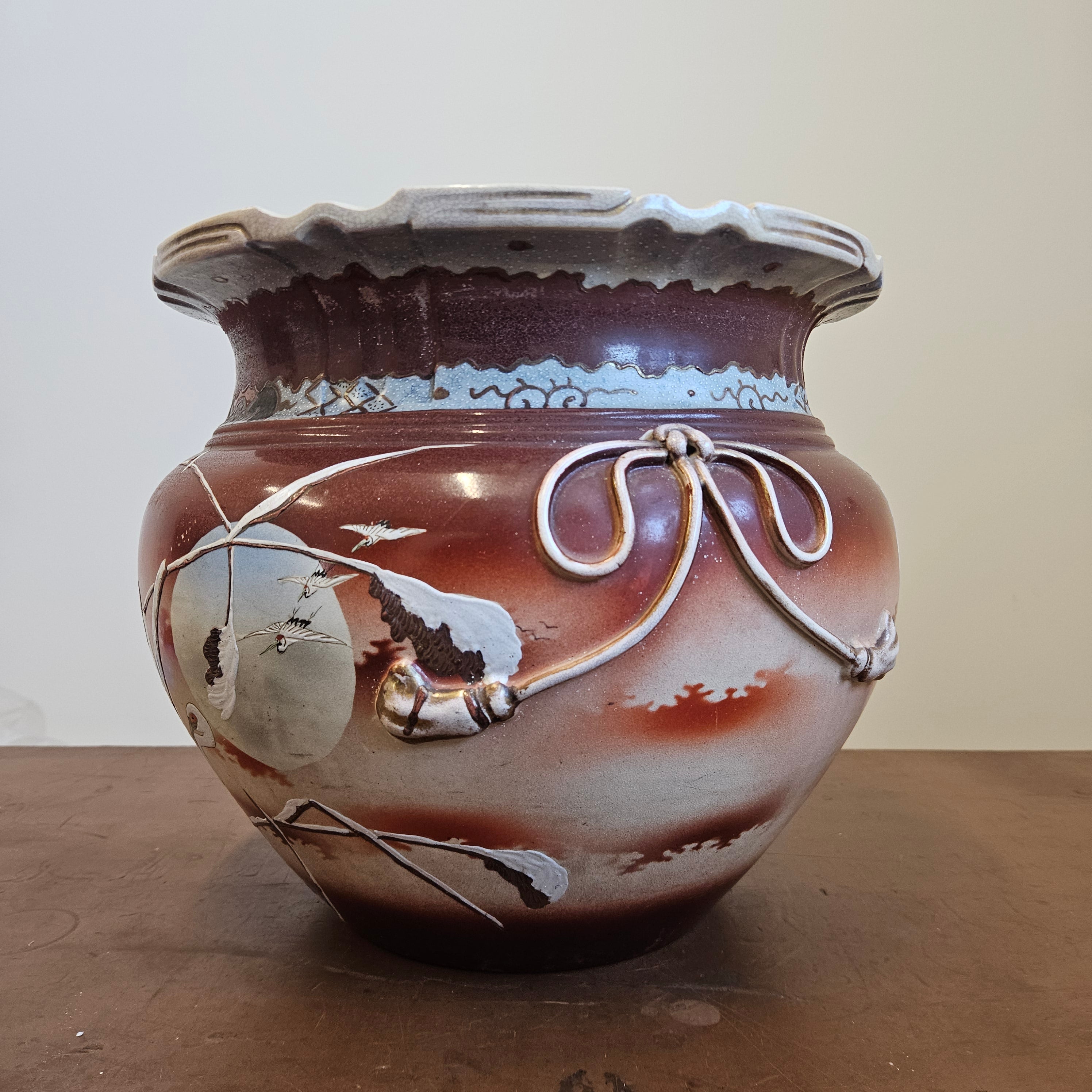 Antique Japanese Satsuma Jardinière with Cranes