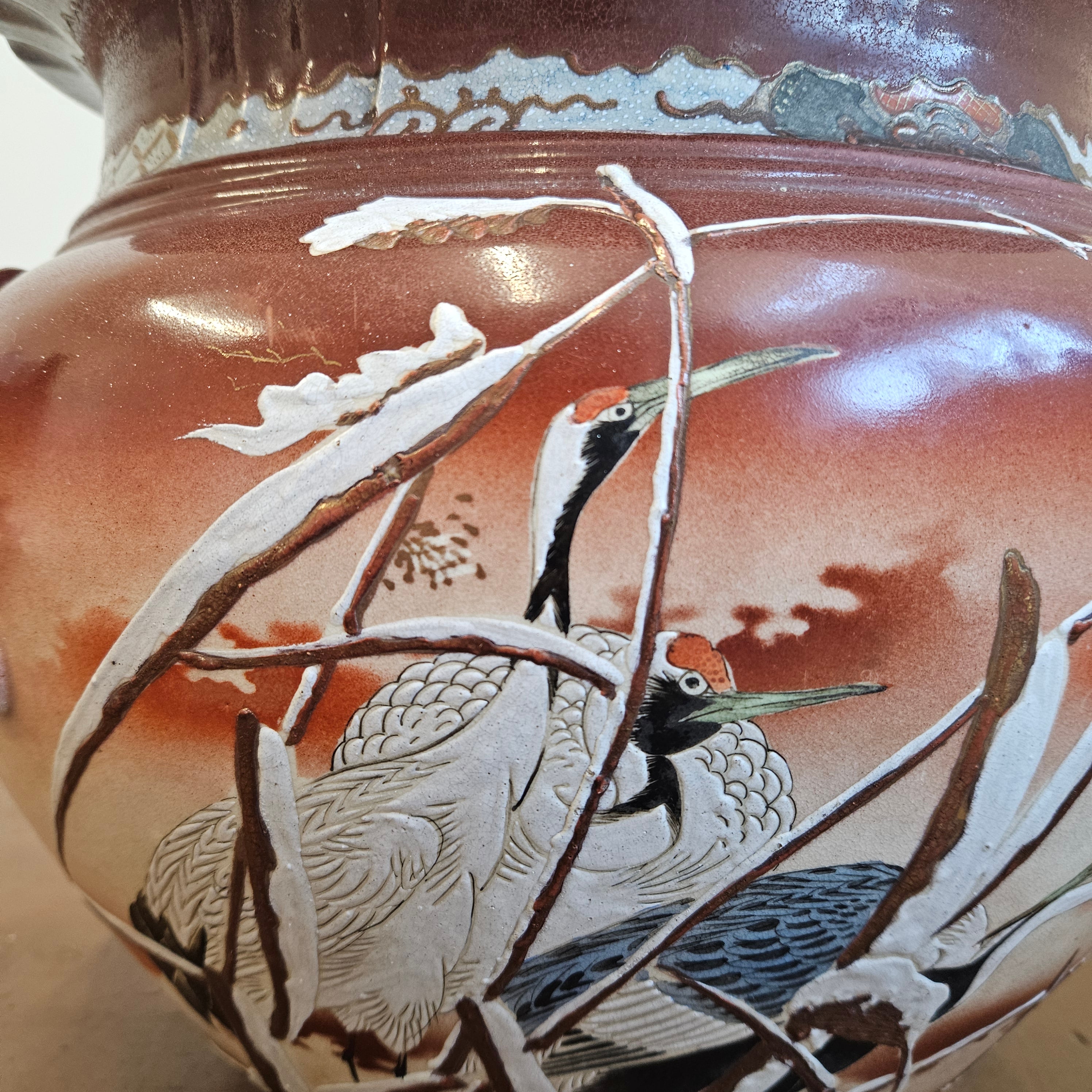 Antique Japanese Satsuma Jardinière with Cranes