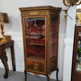 Original 19th century French Vernis Martin vitrine with a stunning marble top, hand painted panels and beautiful bronze mounts. Sourced from France and in good original detailed condition.