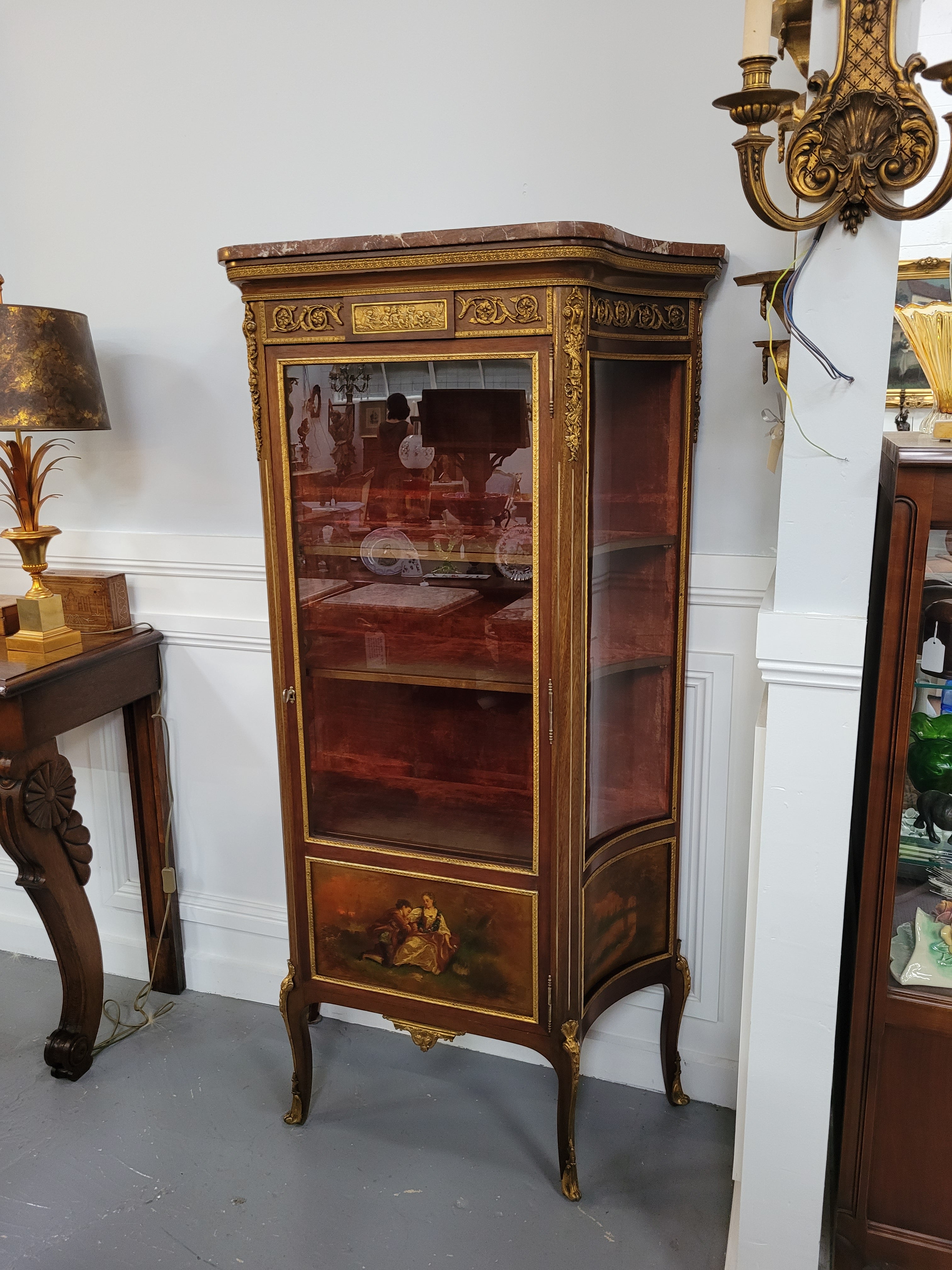 Original 19th Century French Vernis Martin Vitrine With Marble Top & Hand Painted Panels