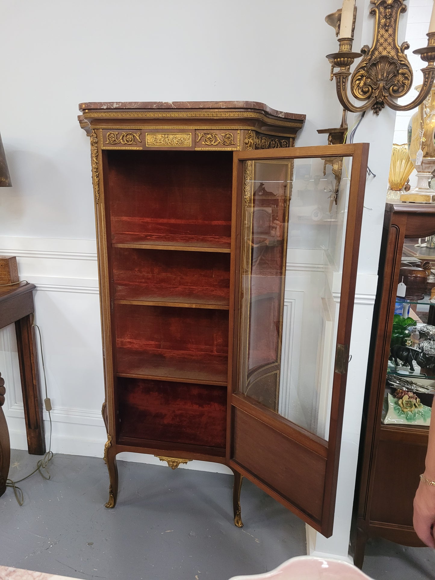 Original 19th Century French Vernis Martin Vitrine With Marble Top & Hand Painted Panels