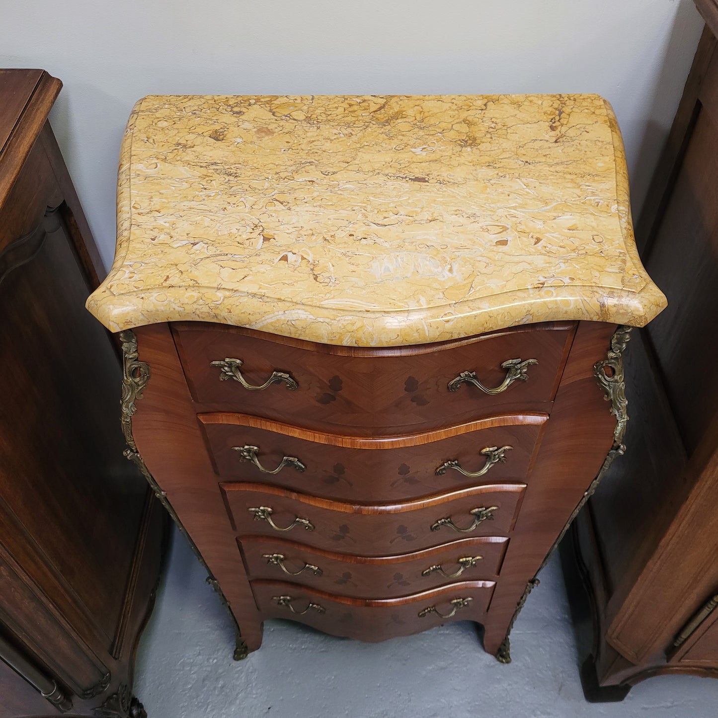 French Chest of Five Drawers With Marble Top & Marquetry Inlay