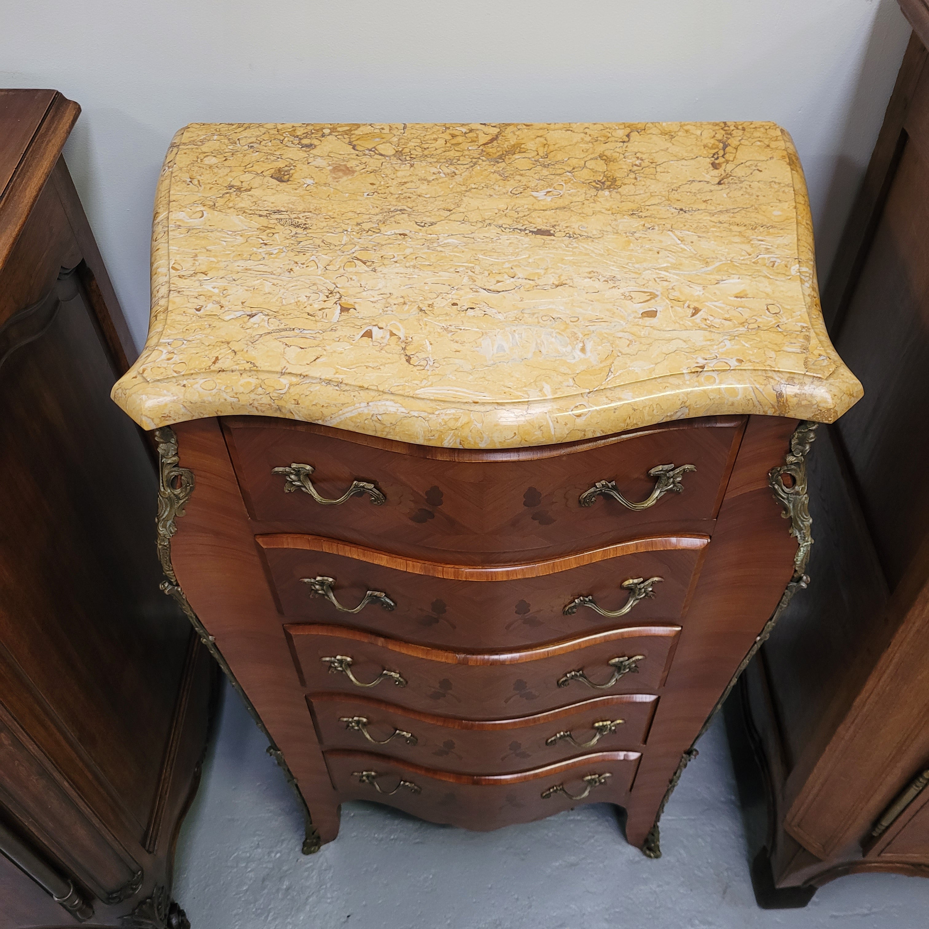 French Chest of Five Drawers With Marble Top & Marquetry Inlay | Antique & Vintage | Moonee Ponds Antiques | Australia Wide