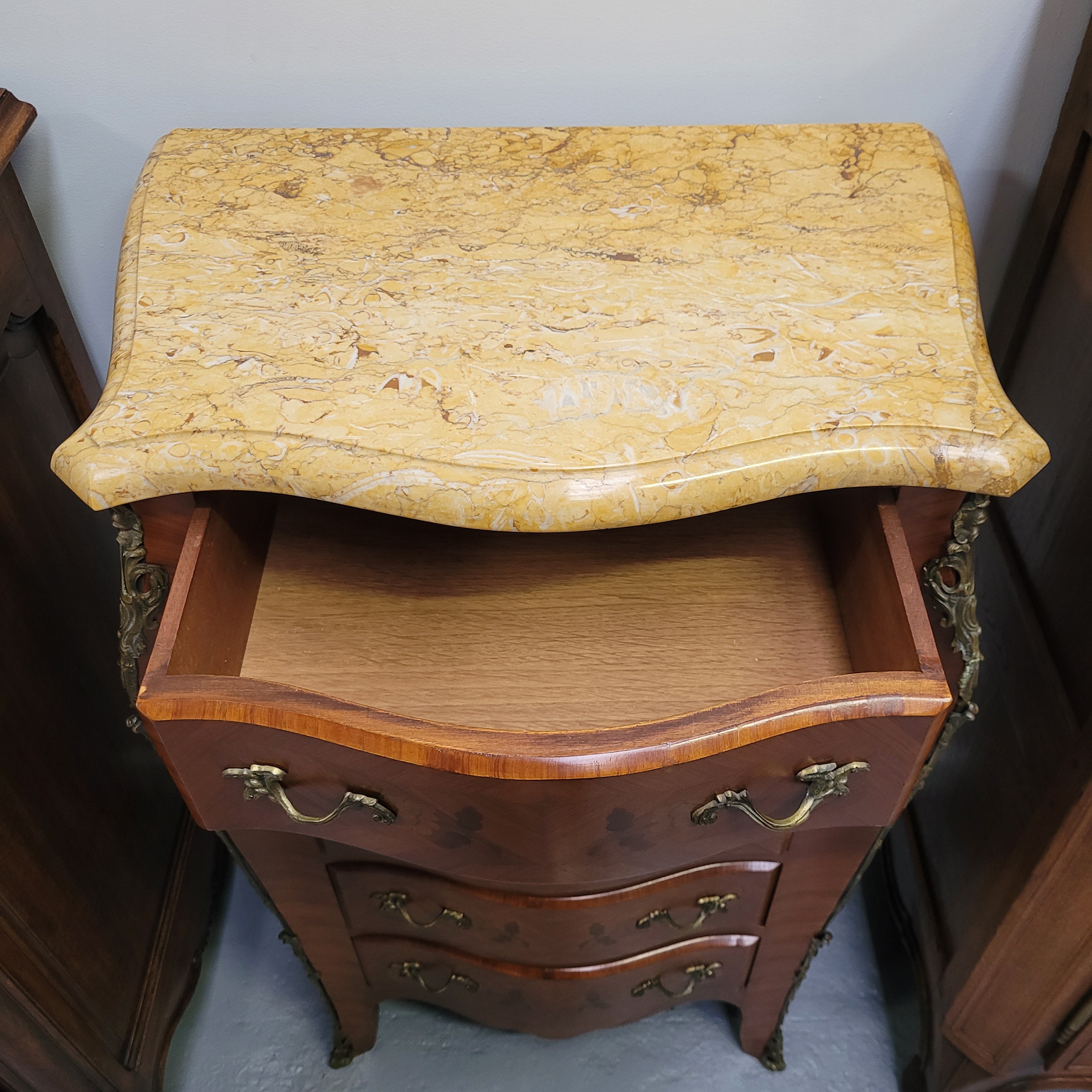 French Chest of Five Drawers With Marble Top & Marquetry Inlay | Antique & Vintage | Moonee Ponds Antiques | Australia Wide