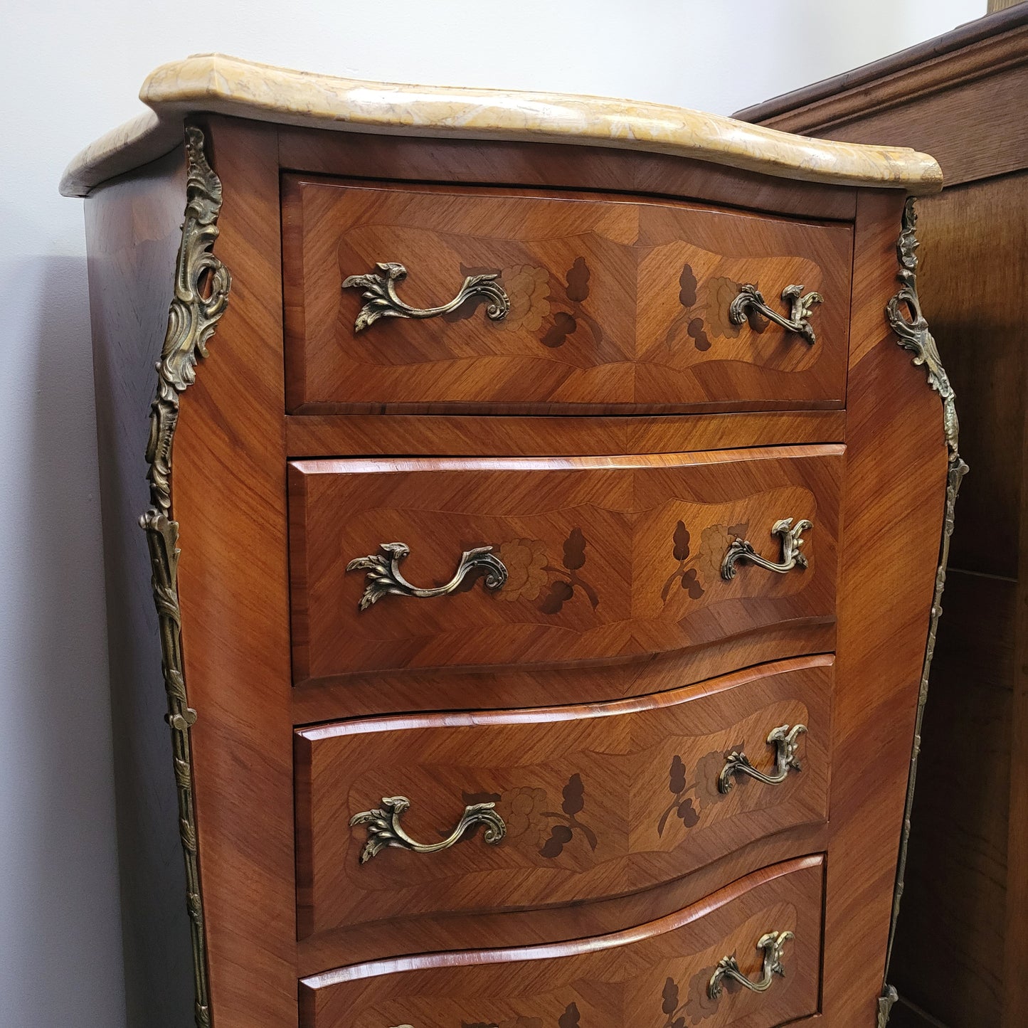 French Chest of Five Drawers With Marble Top & Marquetry Inlay