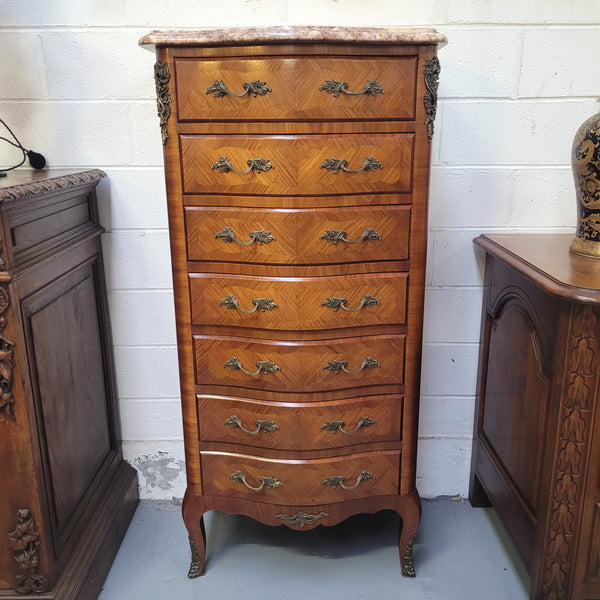 Lovely Louis XV style seminar with a beautiful marble top and decorative ormolu mounts. From circa 1930's and has been fully restored.