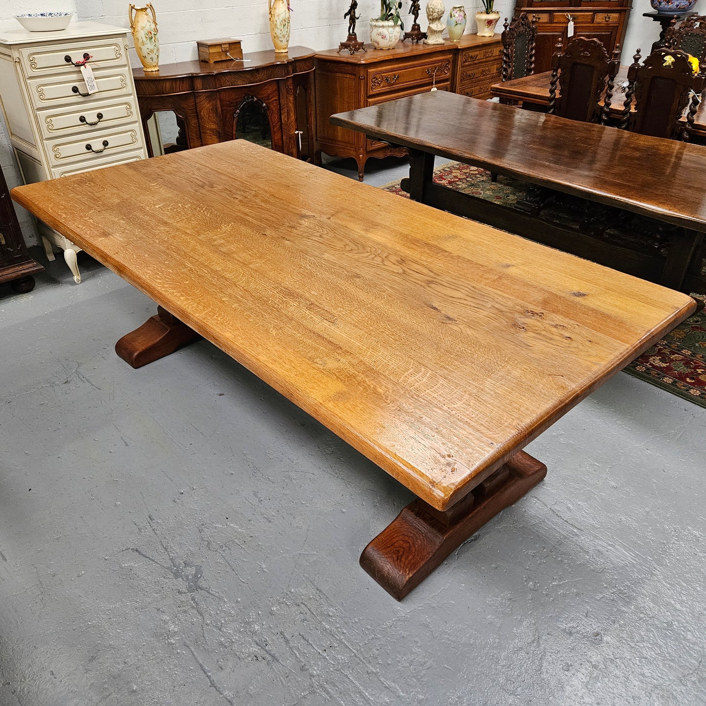 Twin pedestal French farmhouse dining table with wide proportions. This table comfortably seats 8 people. It is in great original detailed condition and is circa 1930's. Please see photos as it forms part of the description.