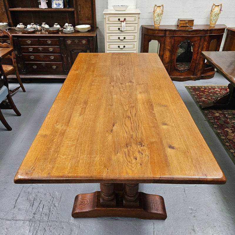 Twin pedestal French farmhouse dining table with wide proportions. This table comfortably seats 8 people. It is in great original detailed condition and is circa 1930's. Please see photos as it forms part of the description.