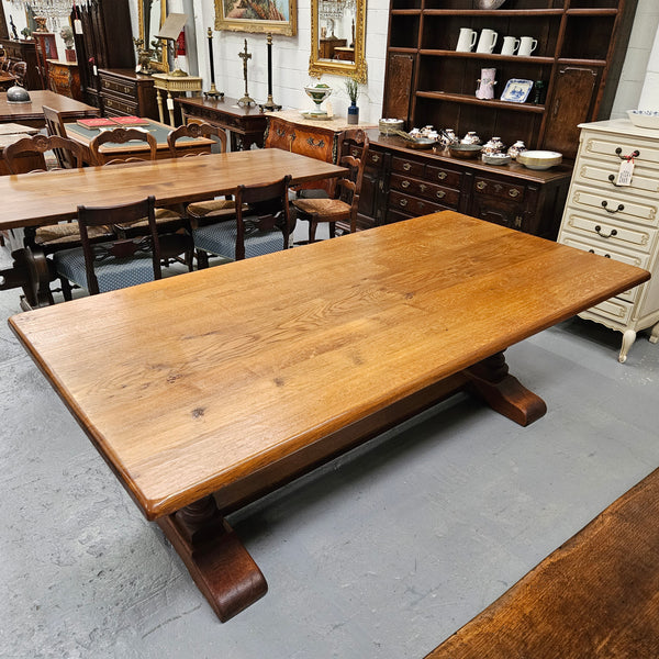 Twin pedestal French farmhouse dining table with wide proportions. This table comfortably seats 8 people. It is in great original detailed condition and is circa 1930's. Please see photos as it forms part of the description.