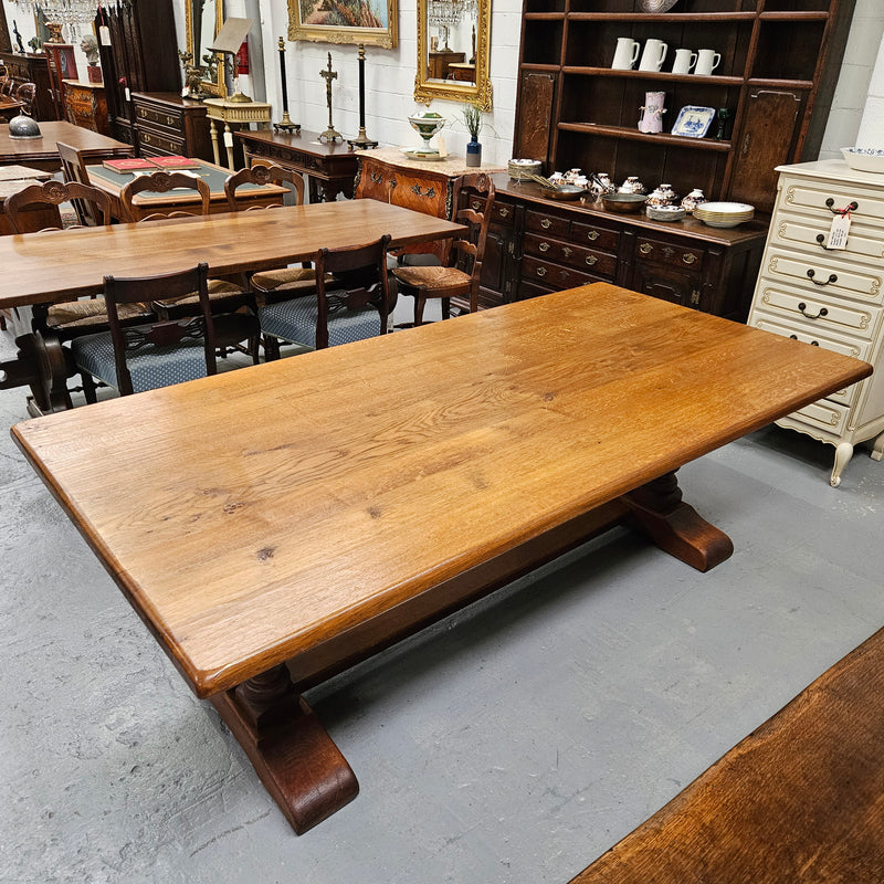 Twin pedestal French farmhouse dining table with wide proportions. This table comfortably seats 8 people. It is in great original detailed condition and is circa 1930's. Please see photos as it forms part of the description.