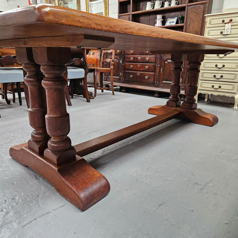 Twin pedestal French farmhouse dining table with wide proportions. This table comfortably seats 8 people. It is in great original detailed condition and is circa 1930's. Please see photos as it forms part of the description.