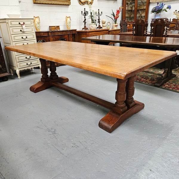 Twin pedestal French farmhouse dining table with wide proportions. This table comfortably seats 8 people. It is in great original detailed condition and is circa 1930's. Please see photos as it forms part of the description.