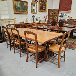 Twin pedestal French farmhouse dining table with wide proportions. This table comfortably seats 8 people. It is in great original detailed condition and is circa 1930's. Please see photos as it forms part of the description.