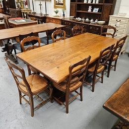 Twin pedestal French farmhouse dining table with wide proportions. This table comfortably seats 8 people. It is in great original detailed condition and is circa 1930's. Please see photos as it forms part of the description.