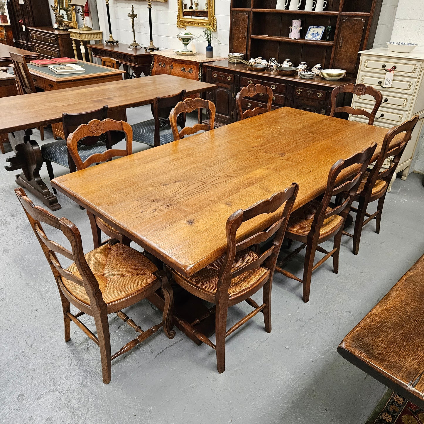 Twin pedestal French farmhouse dining table with wide proportions. This table comfortably seats 8 people. It is in great original detailed condition and is circa 1930's. Please see photos as it forms part of the description.