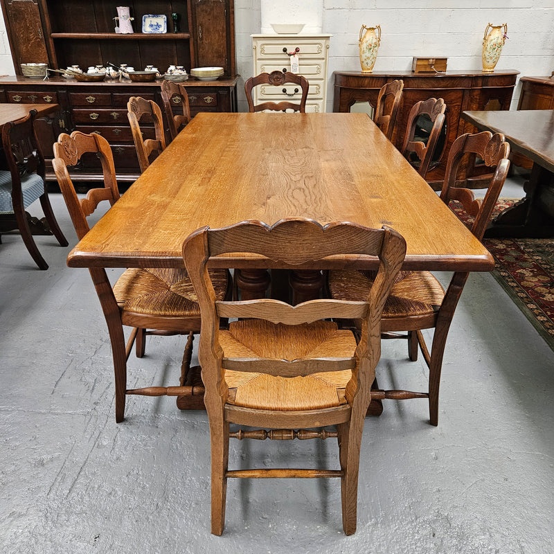 Twin pedestal French farmhouse dining table with wide proportions. This table comfortably seats 8 people. It is in great original detailed condition and is circa 1930's. Please see photos as it forms part of the description.