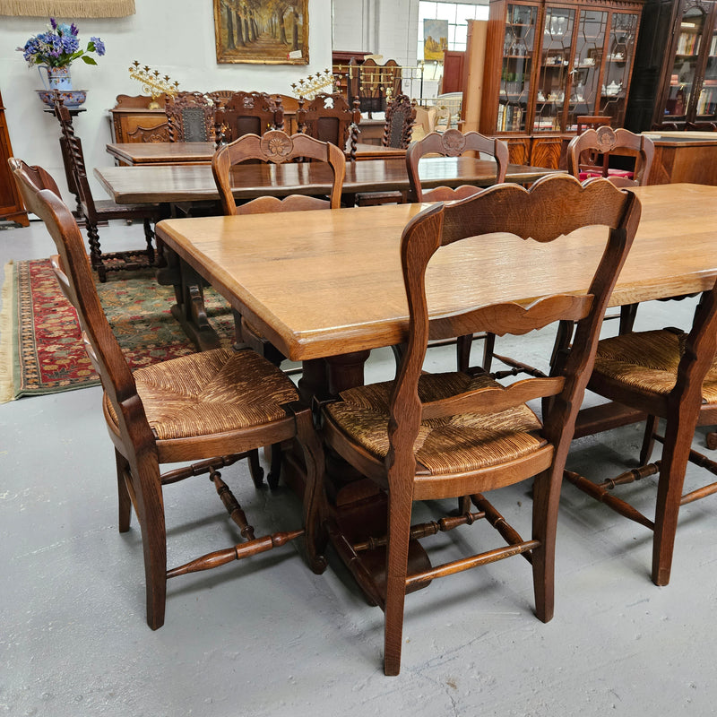 Twin pedestal French farmhouse dining table with wide proportions. This table comfortably seats 8 people. It is in great original detailed condition and is circa 1930's. Please see photos as it forms part of the description.