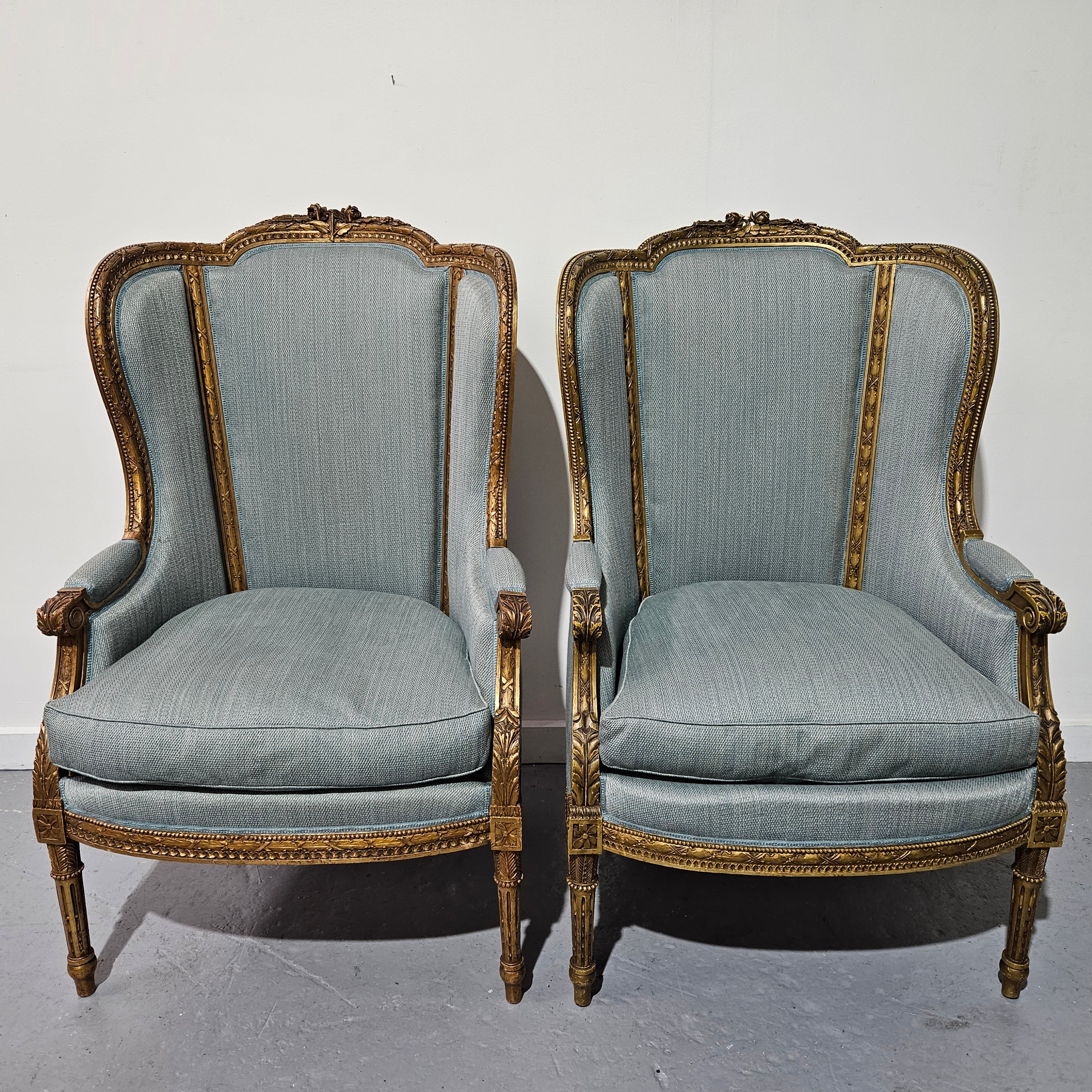 Louis 16th Style Gilt & Upholstered Wingback Bergeres