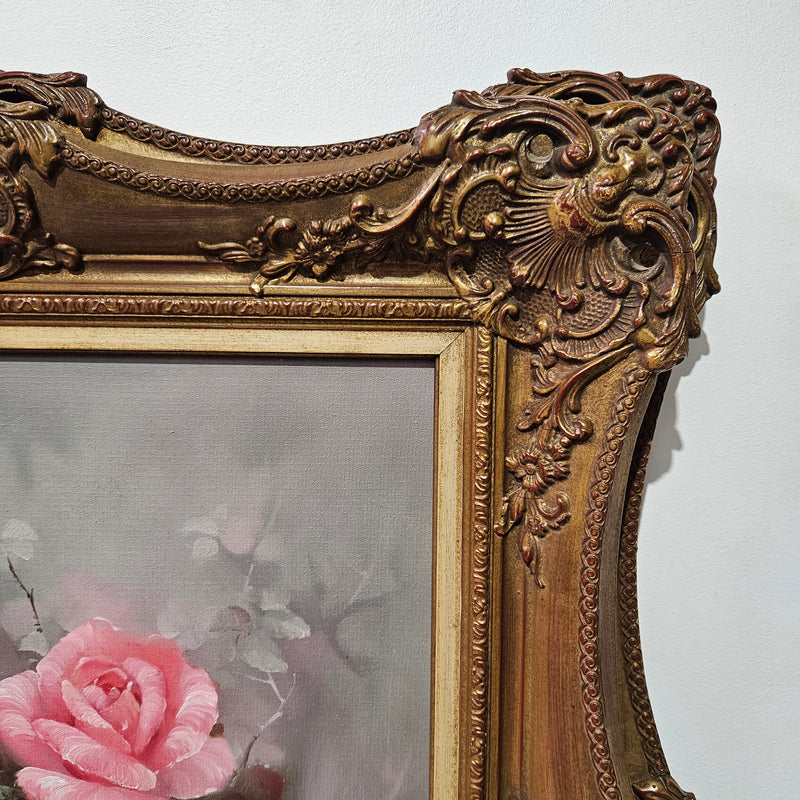 Sourced from France a stunning signed oil on canvas still life of pink roses. In its original frame and in good original detailed condition. 