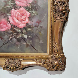 Sourced from France a stunning signed oil on canvas still life of pink roses. In its original frame and in good original detailed condition. 