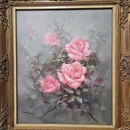 Sourced from France a stunning signed oil on canvas still life of pink roses. In its original frame and in good original detailed condition. 