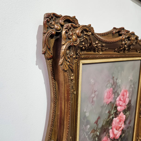 Sourced from France a stunning signed oil on canvas still life of pink roses. In its original frame and in good original detailed condition. 