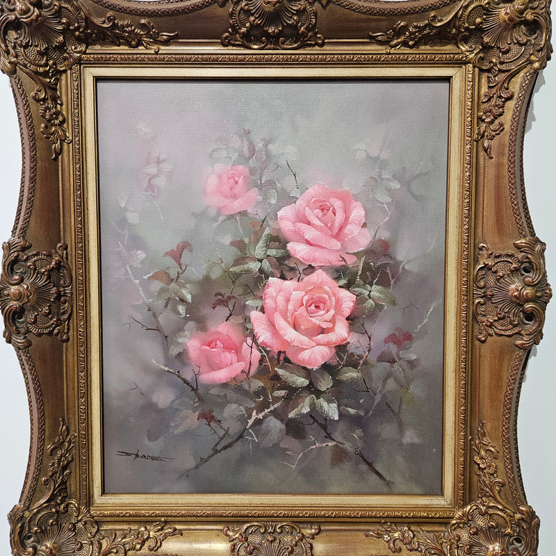 Sourced from France a stunning signed oil on canvas still life of pink roses. In its original frame and in good original detailed condition. 