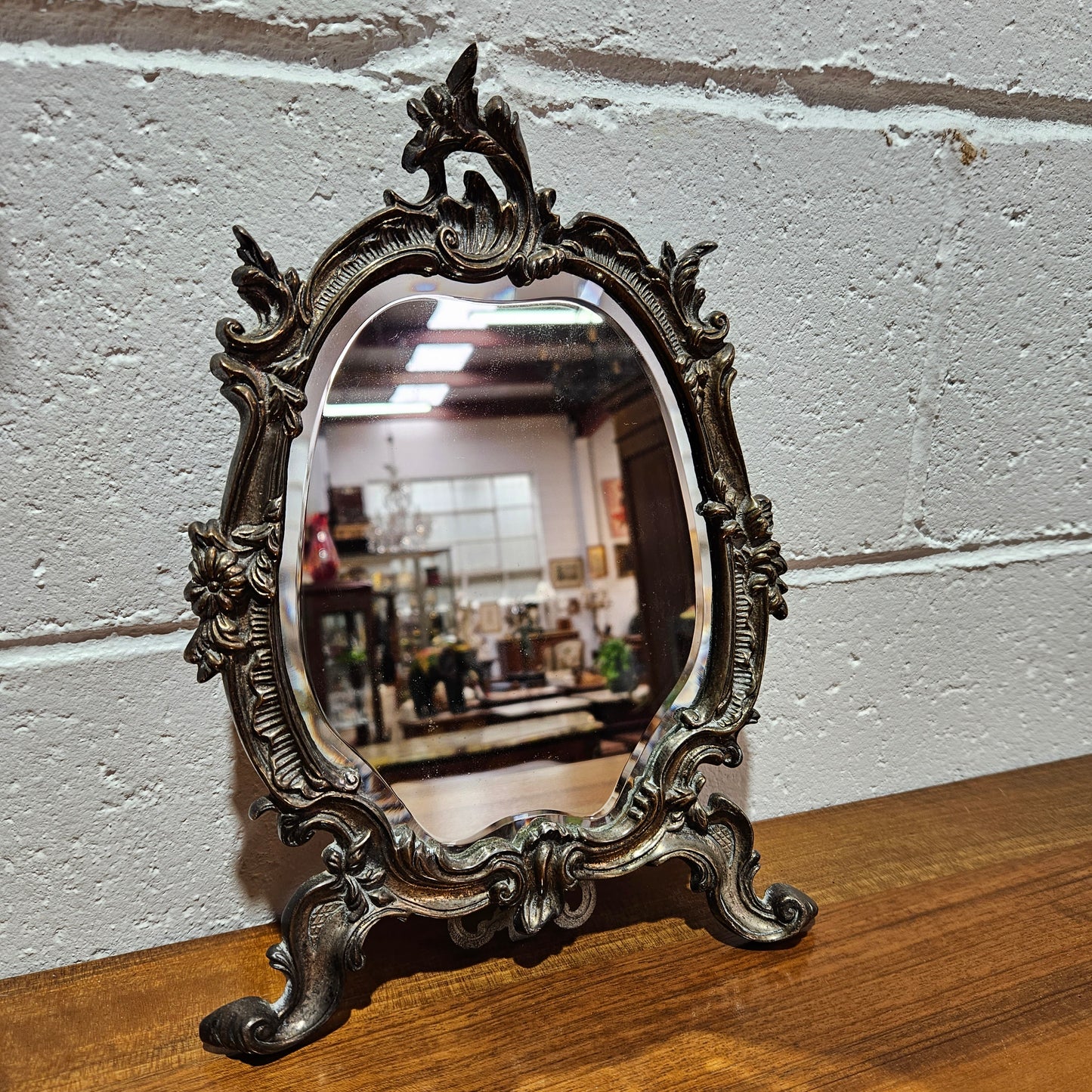 Antique French silver plated dressing table/ desk mirror. In good original condition with beautiful bevelled mirror and nice patina. Please view photos as they help form part of the description.