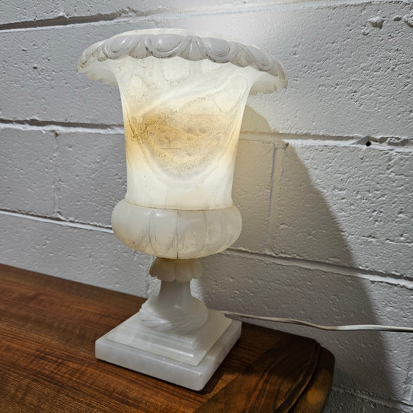 Elegant French alabaster urn lamp that has been rewired to Australian standards. In working condition and in good original detailed condition. Please view photos as they help form part of the description. 