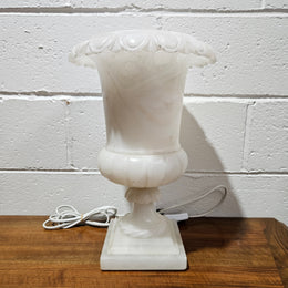 Elegant French alabaster urn lamp that has been rewired to Australian standards. In working condition and in good original detailed condition. Please view photos as they help form part of the description. 