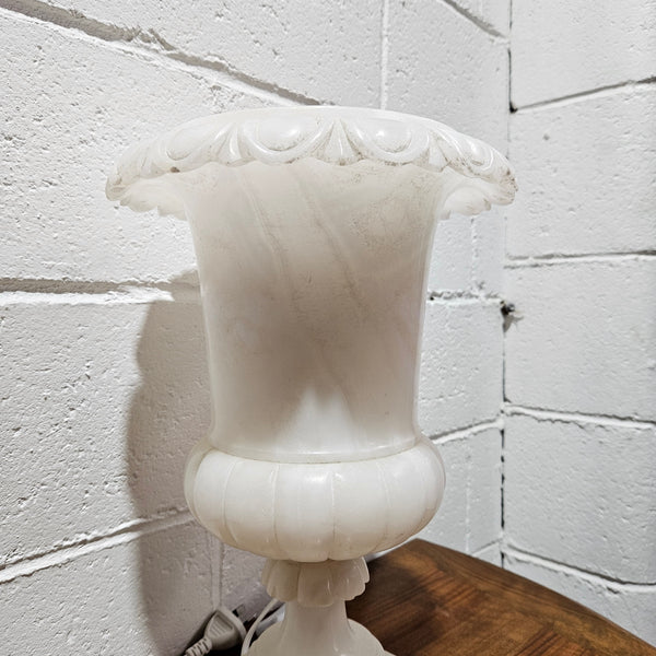 Elegant French alabaster urn lamp that has been rewired to Australian standards. In working condition and in good original detailed condition. Please view photos as they help form part of the description. 