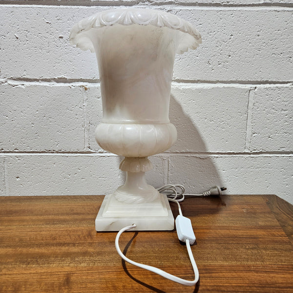 Elegant French alabaster urn lamp that has been rewired to Australian standards. In working condition and in good original detailed condition. Please view photos as they help form part of the description. 