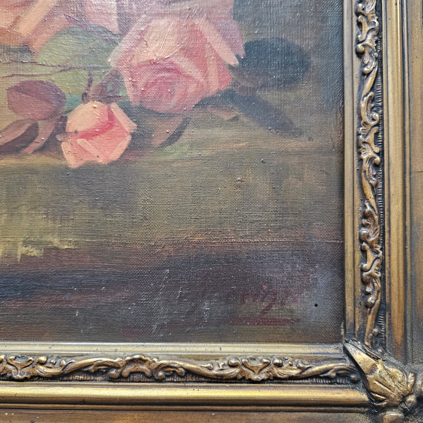 Gilt Framed Oil On Canvas Still Life Of Roses Painting