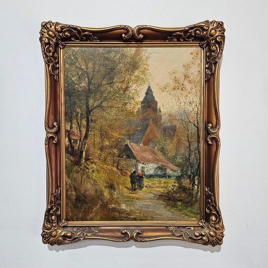 Stunning circa 1930's French oil on board painting in a lovely gilt frame. This painting is in great condition. 