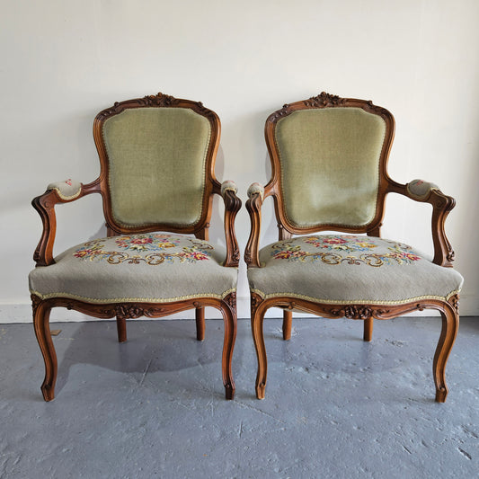 Antique Pair of French Louis XV Style Walnut & Tapestry Salon