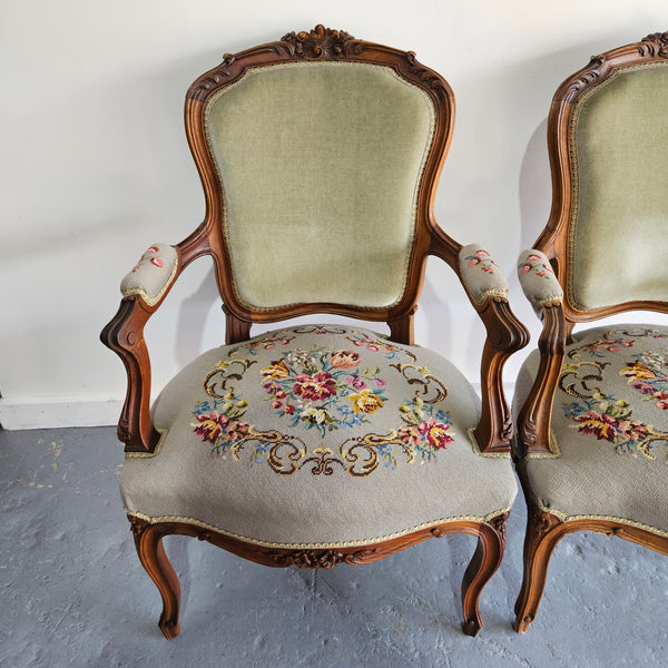Beautiful pair of Louis XV carved walnut tapestry upholstered armchairs. Circa 1930's. In good condition. Please see photos as they form part of the description.