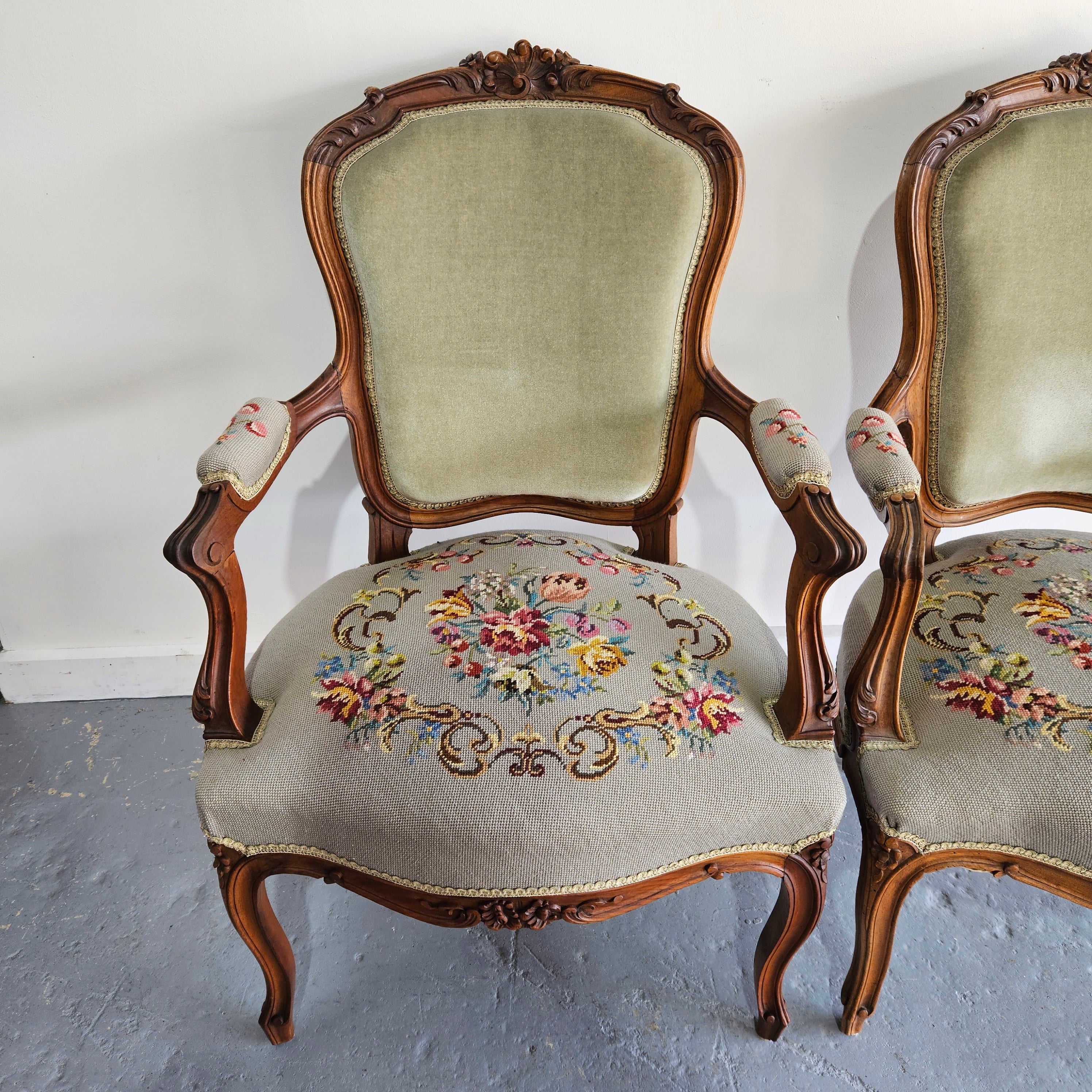 Pair Louis XV Tapestry Upholstered Armchairs | Antique & Vintage | Moonee Ponds Antiques | Australia Wide Delivery