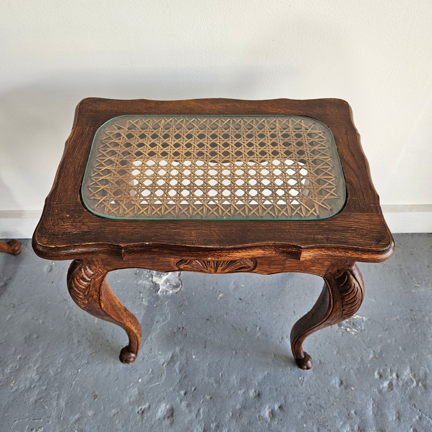 Stunning set of 3 nested table with cane inset and glass top, in great original detailed condition. Please see photos as they form part of the description   