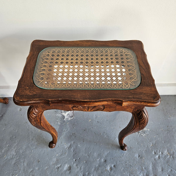 Stunning set of 3 nested table with cane inset and glass top, in great original detailed condition. Please see photos as they form part of the description   
