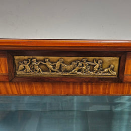 Elegant three door Louis XV transitional style vitrine with decorative bronze mounts. This unit has two glass shelves and one wooden shelf providing plenty of storage. It is in great original detailed condition. Please see the photos as they form part of the description. 