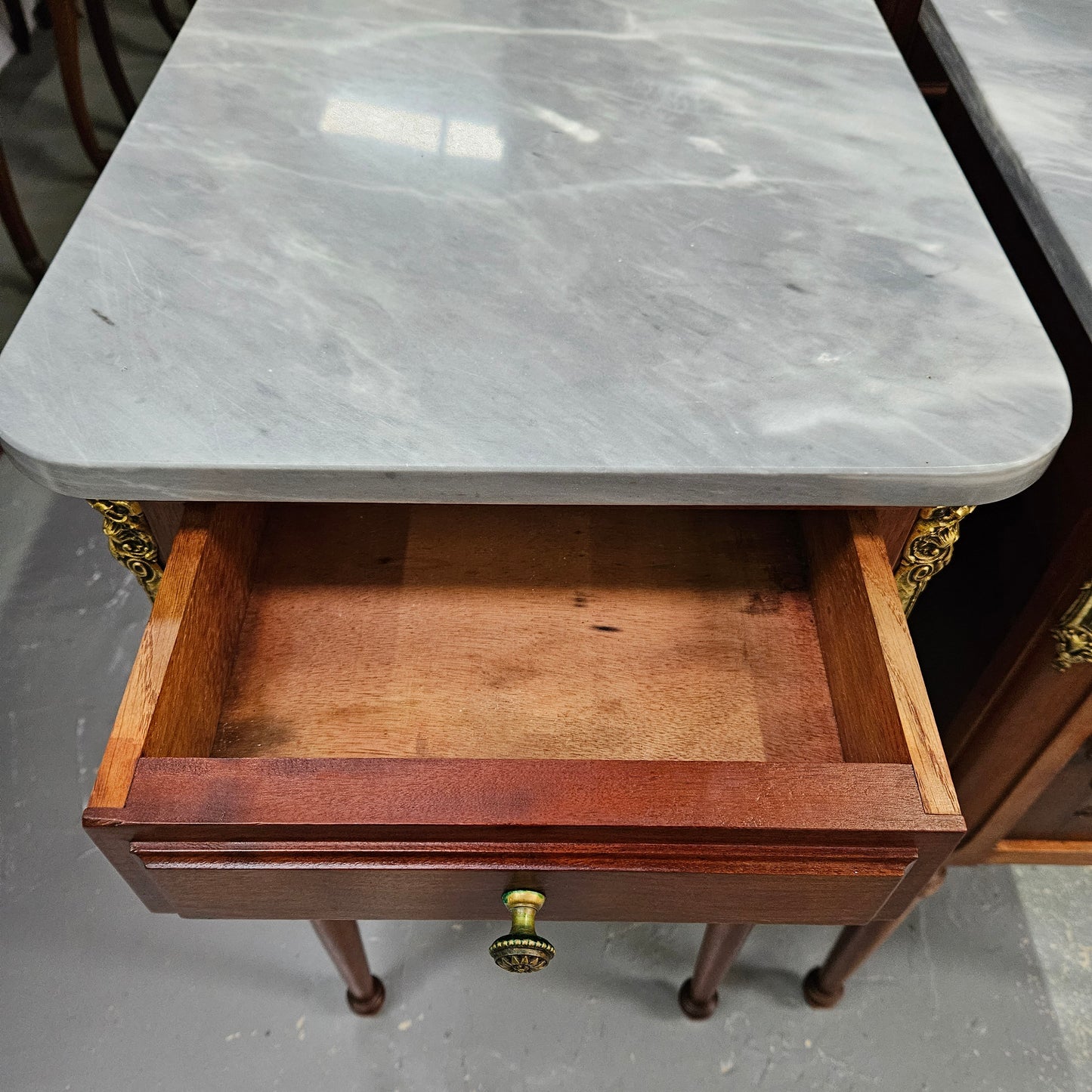 Pair of Mahogany Louis XVI Style Marble Top Bedside Cabinets
