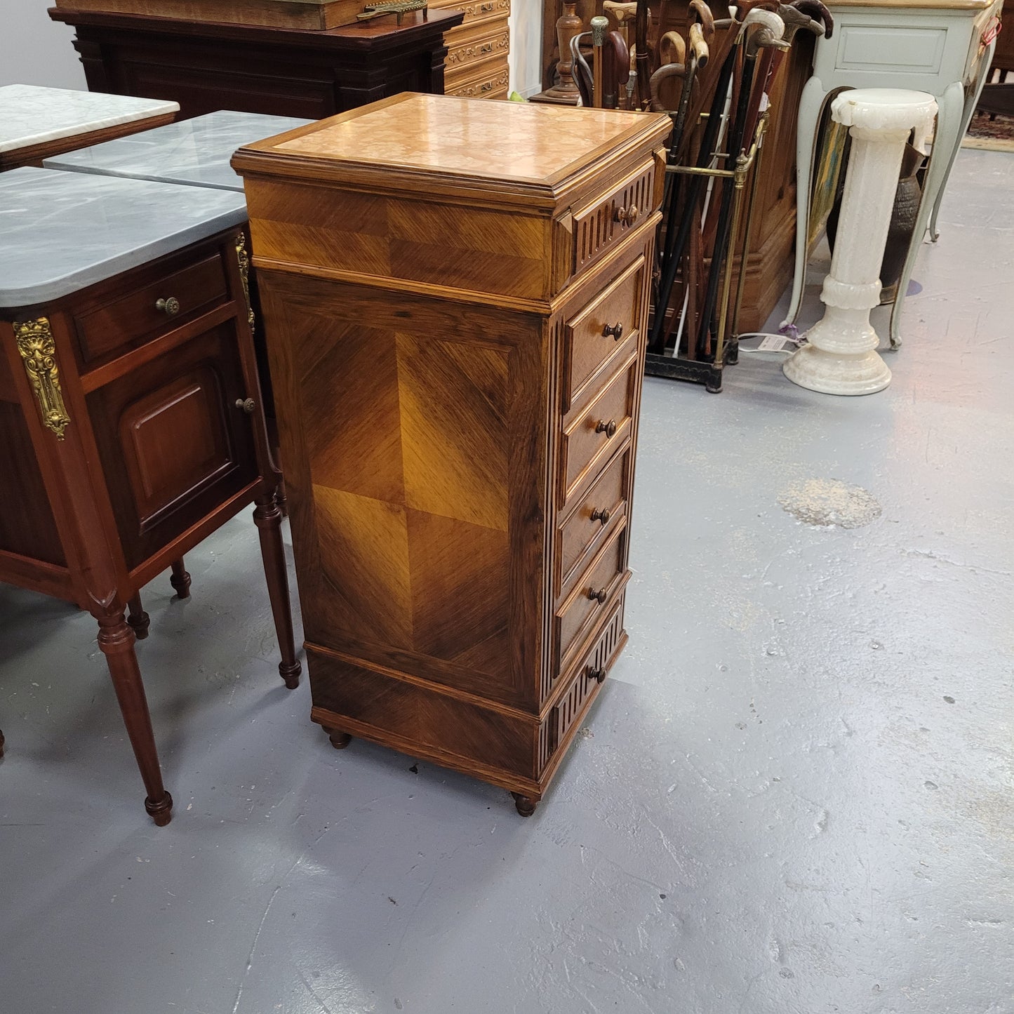 French Walnut Single Bedside With Marble Top 
