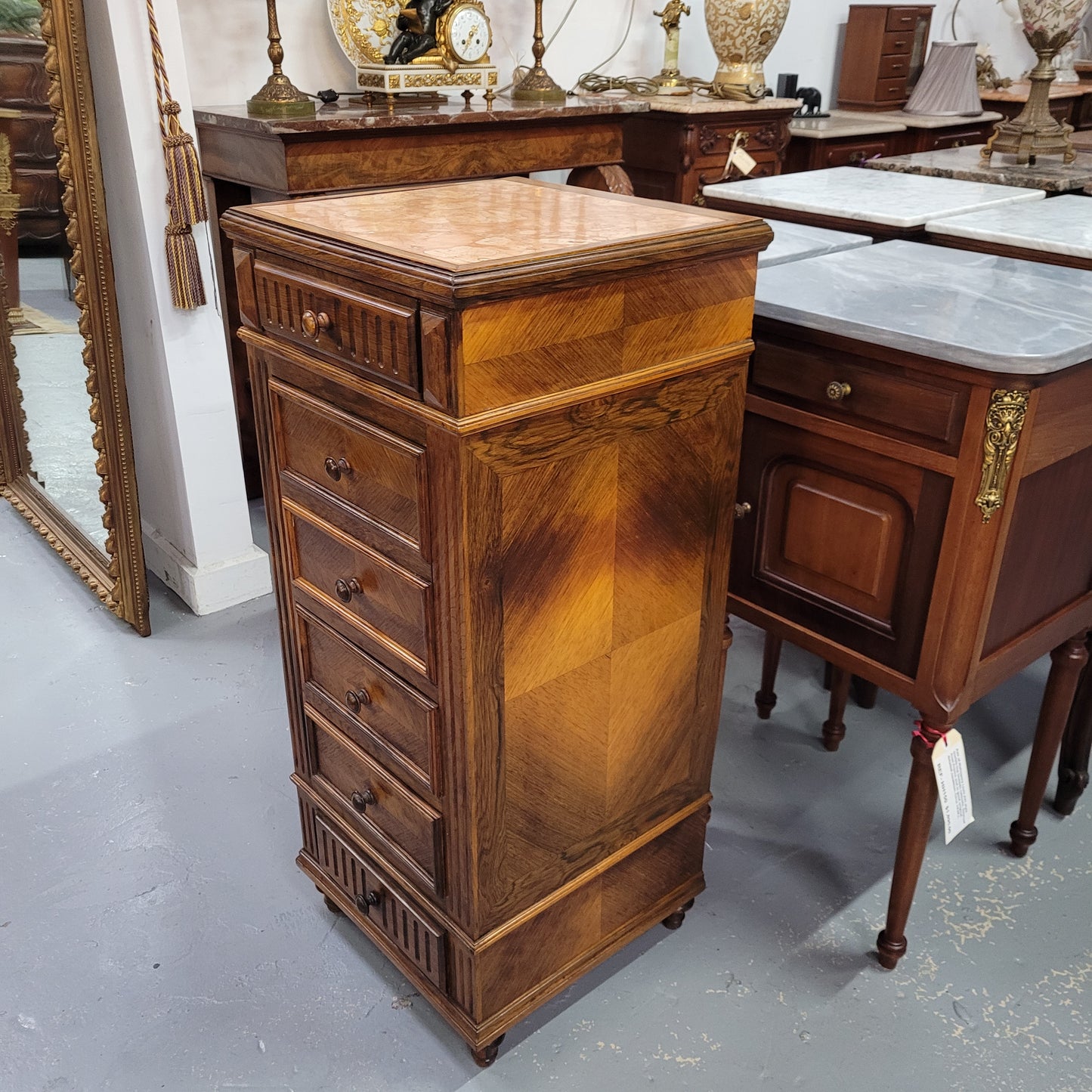 French Walnut Single Bedside With Marble Top 