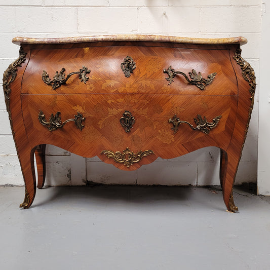 French Louis XV Style Marble Top Commode With Decorative Marquetry Inlay